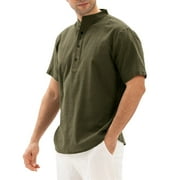 Men's Striped Button Down Shirts Spring Summer Top Cotton Linen Casual V Neck Short Sleeve Pocket Top Blouse Beach Shirt